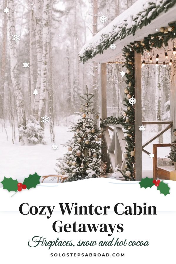 Snow Drift Pinterest template example: a travel pin titled "Cozy Winter Cabin Getaways"