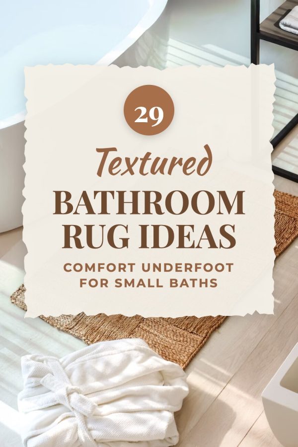 Torn Paper Badge Pinterest template example: a home decor pin titled "29 Textured Bathroom Rug Ideas: Comfort Underfoot for Small Baths"