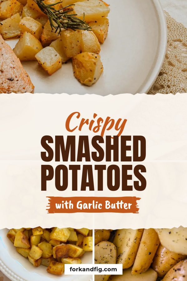 Torn Title Trio Pinterest template example: a recipe pin titled "Crispy Smashed Potatoes with Garlic Butter"