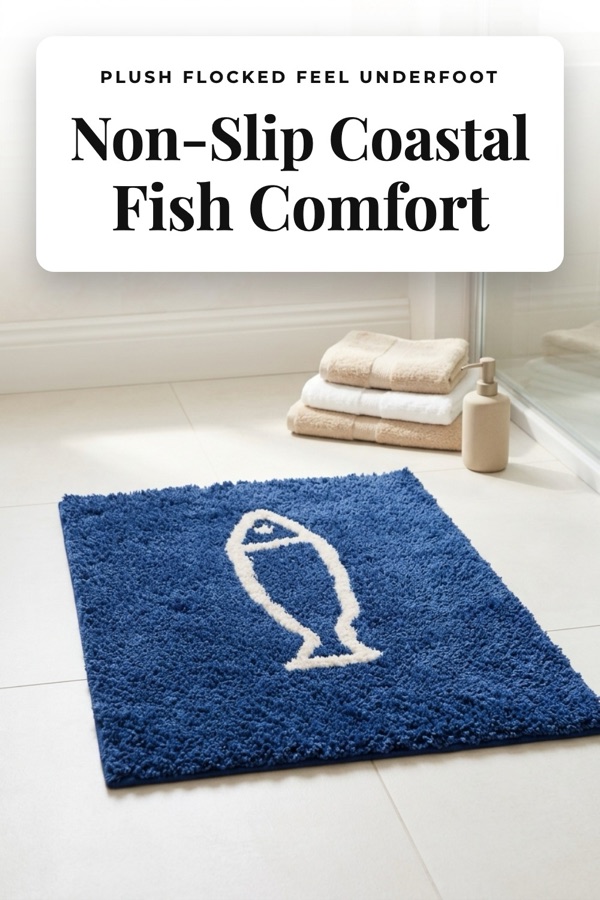 AI product scene Pinterest pin: the same navy fish bath rug on a bright bathroom floor with folded towels and the headline Non-Slip Coastal Fish Comfort