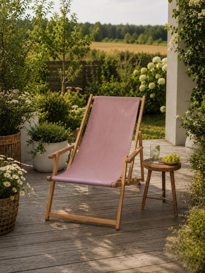 Original Etsy listing photo: a pink wooden folding beach chair on a garden patio