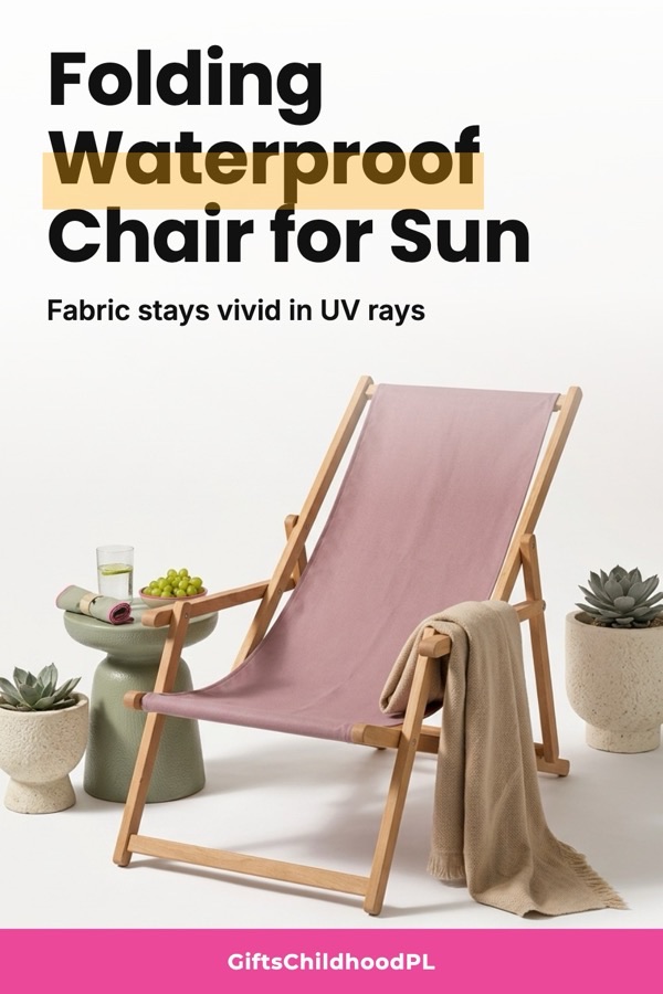 AI product scene pin: a folding beach chair in a bright studio with succulents and a side table
