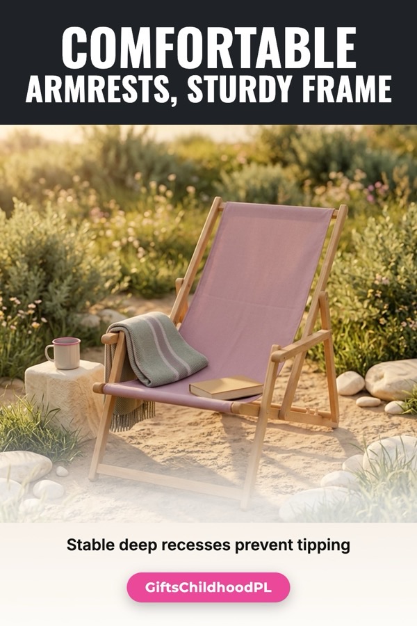 AI product scene Pinterest pin: the same folding beach chair in a sandy garden with the headline Comfortable Armrests, Sturdy Frame