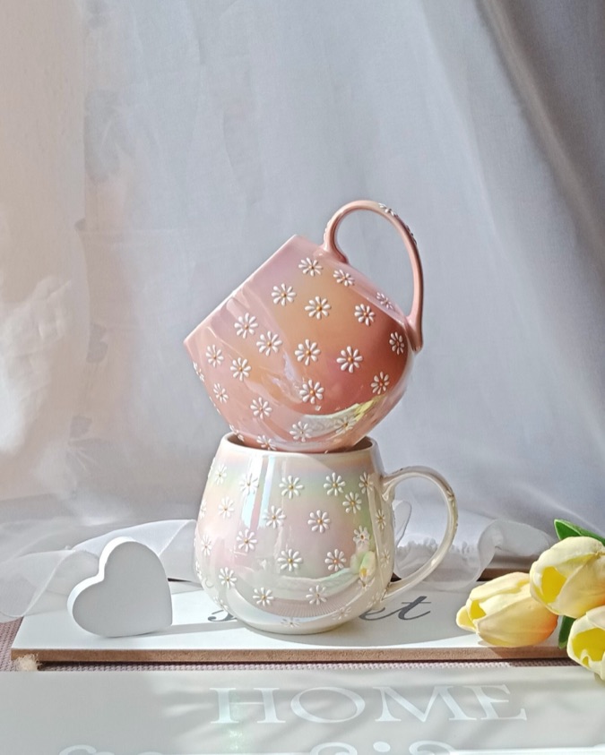 Original Etsy listing photo: two pearly daisy mugs stacked in front of a white curtain