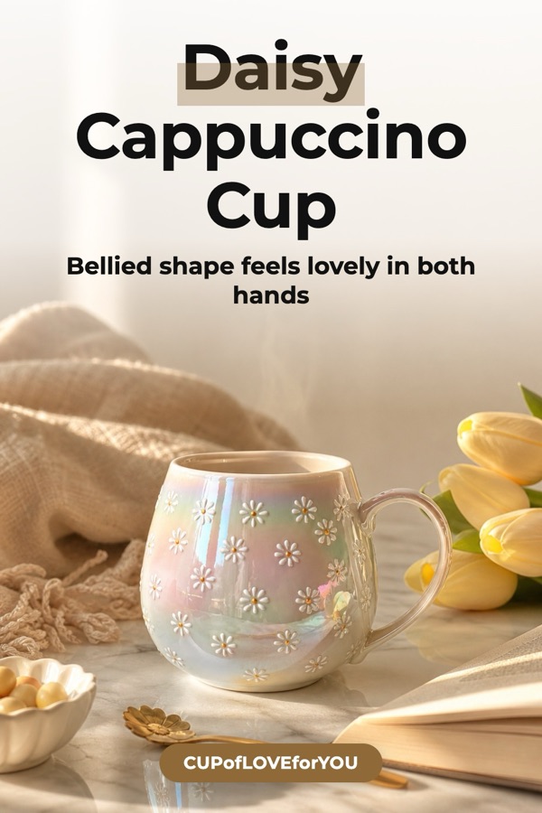 AI photo shoot pin: the daisy mug on a sunlit marble table with tulips and a book, headline Daisy Cappuccino Cup