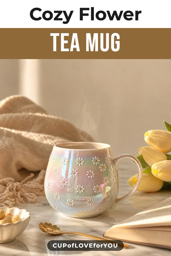 AI photo shoot pin: the same photo in a different design, headline Cozy Flower Tea Mug