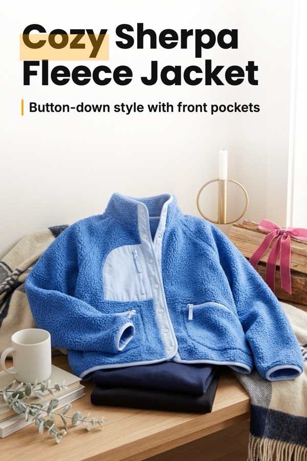 AI product scene Pinterest pin: the same blue sherpa jacket styled on a bench with a blanket, mug and gift box