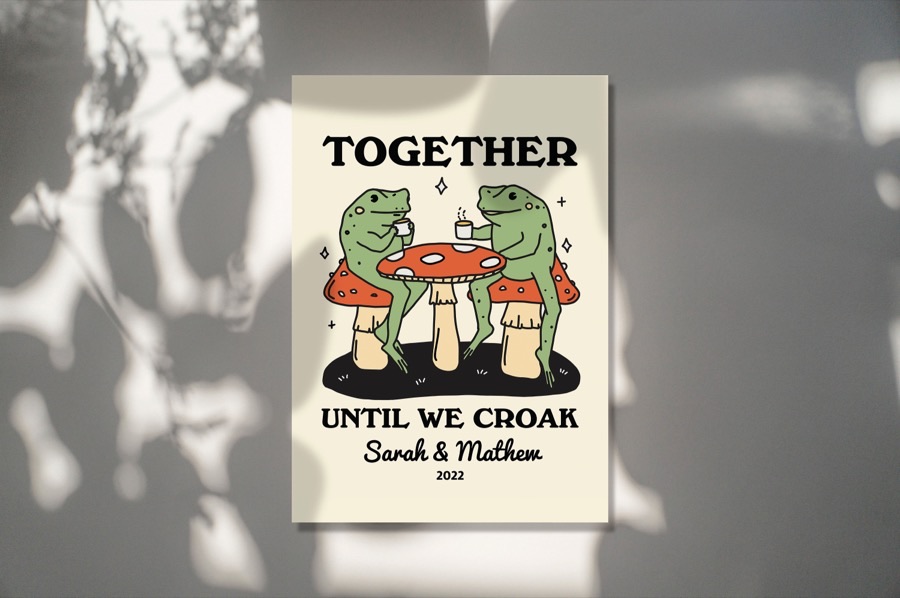 Original Etsy listing photo: a retro frog couple art print mocked up flat on a grey wall