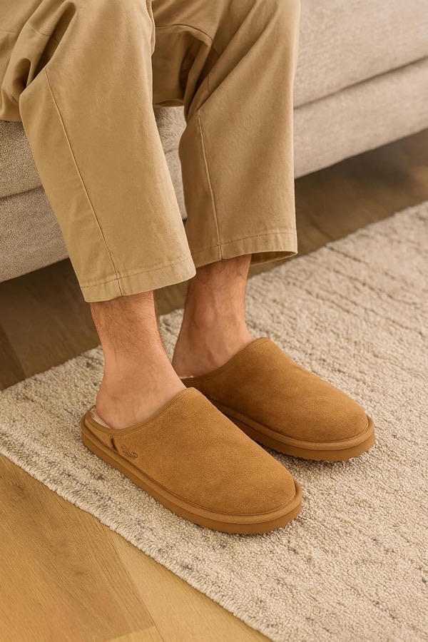 Original Shopify product photo: tan suede shearling slippers worn by a person sitting on a sofa