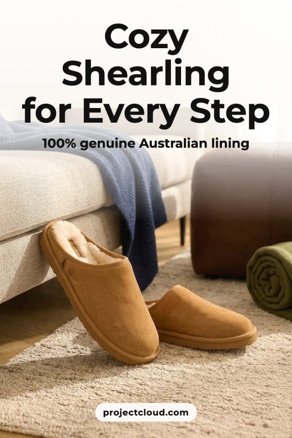 AI product scene Pinterest pin: the same shearling slippers styled on a rug beside a sofa with the headline Cozy Shearling for Every Step