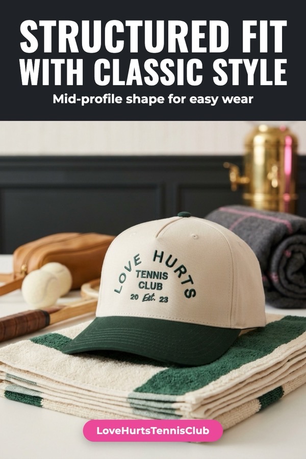 AI product scene pin: an embroidered snapback cap on a striped towel with tennis gear