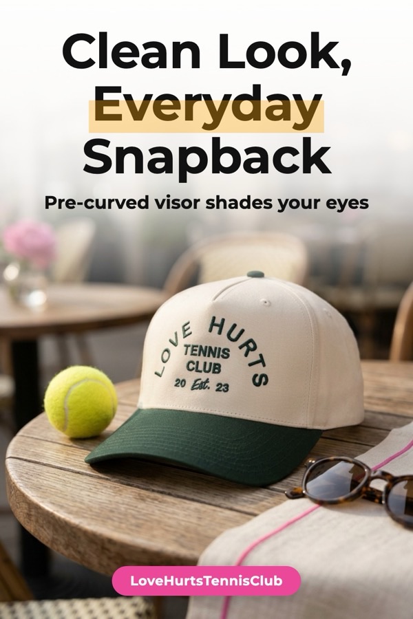 AI product scene Pinterest pin: the same snapback cap on a café table with a tennis ball and sunglasses