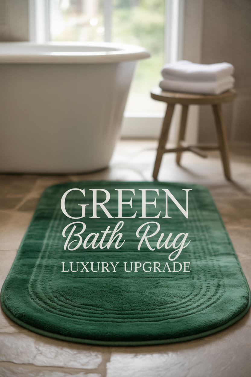 Green luxury bath rug Pinterest pin