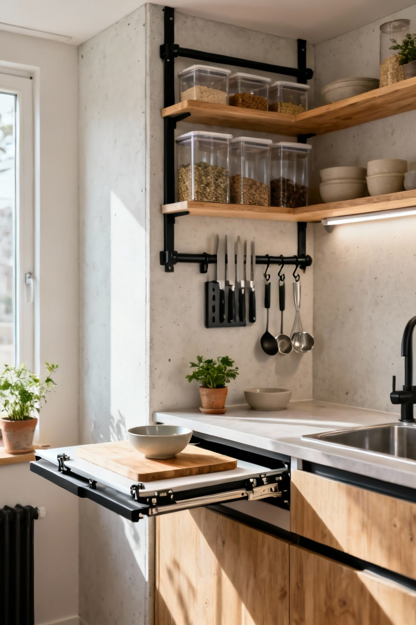 Cuisine verticale avec rangements muraux