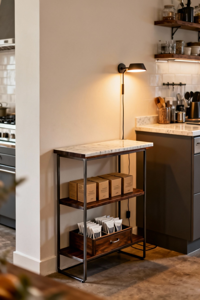 Créez une console étroite contre un mur pour une mini île café