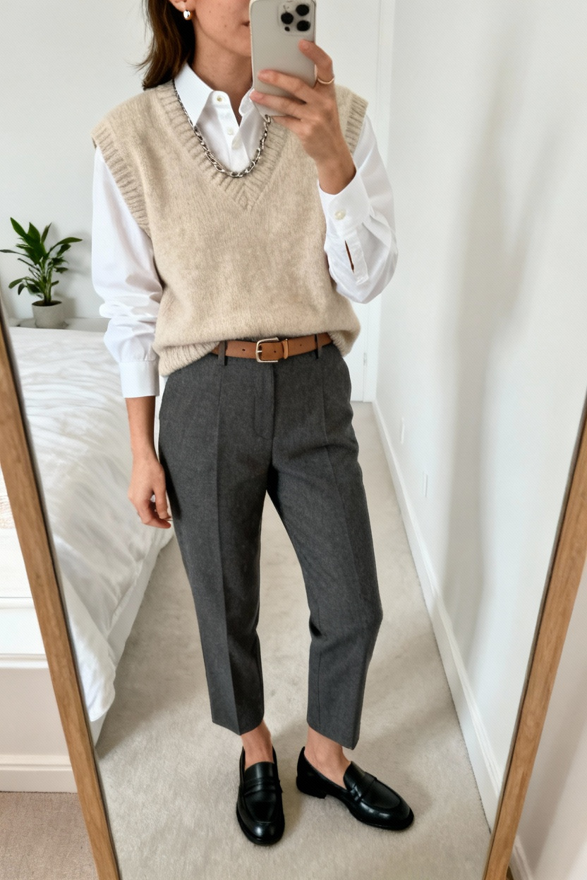 Button-Down + Sweater Vest + Tailored Trousers