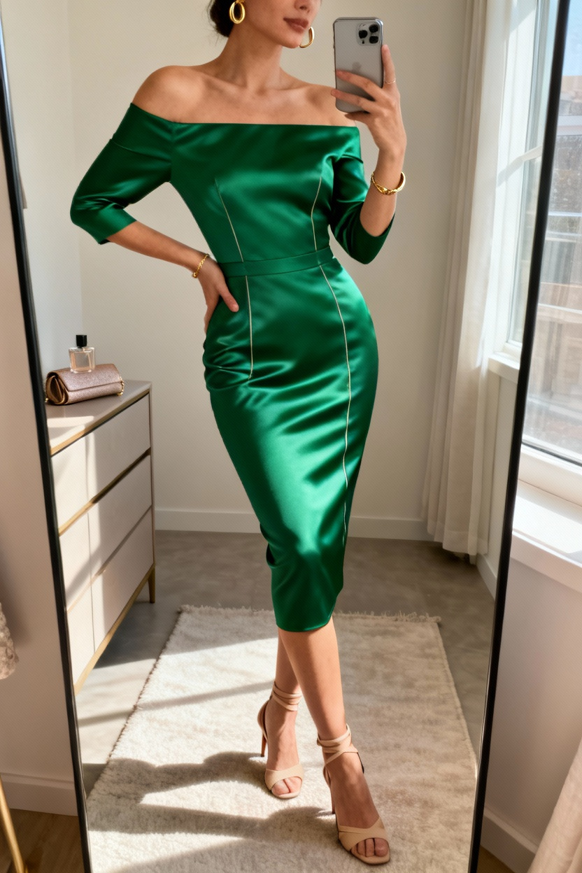 Off-Shoulder Bodycon Dress in Jewel Tones