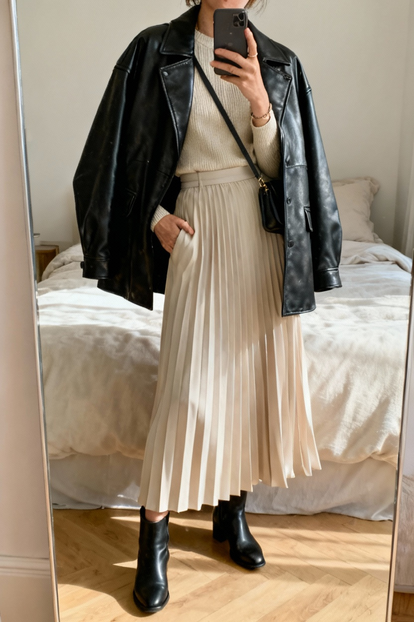 Oversized Leather Jacket With Pleated Maxi Skirt