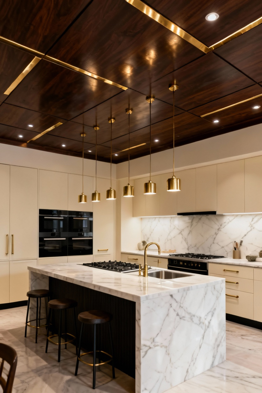 Faux Plafond En Bois Foncé Avec Inserts De Laiton