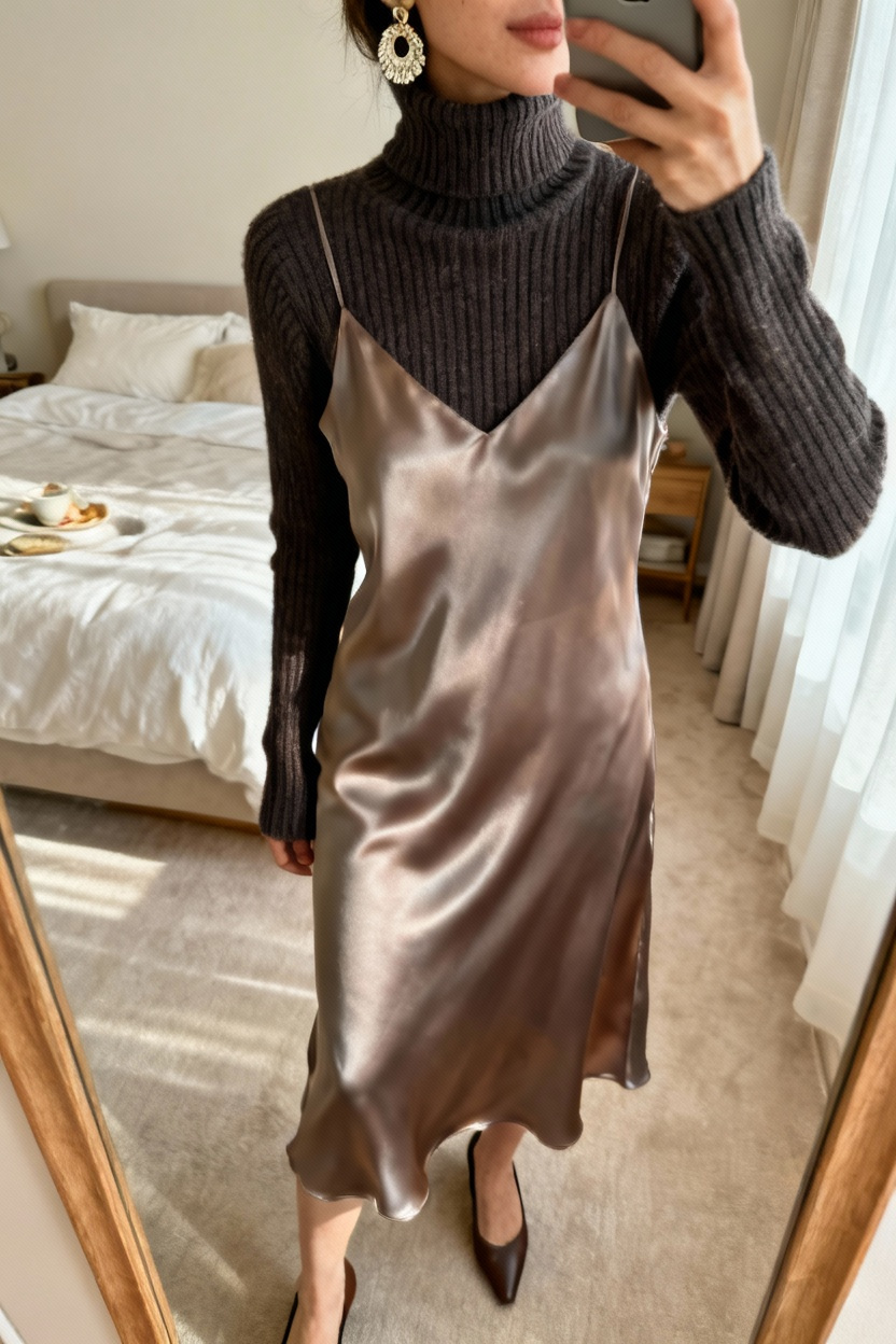 Turtleneck + Slip Dress Layering