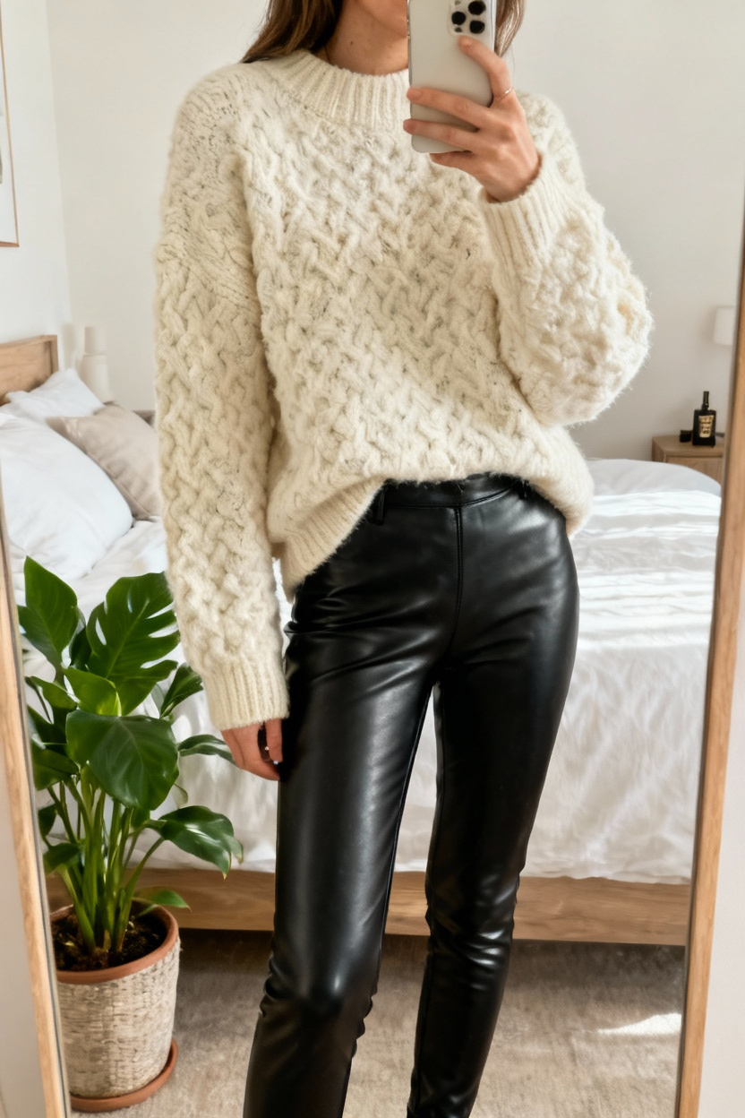 Textured Sweater with Leather Leggings