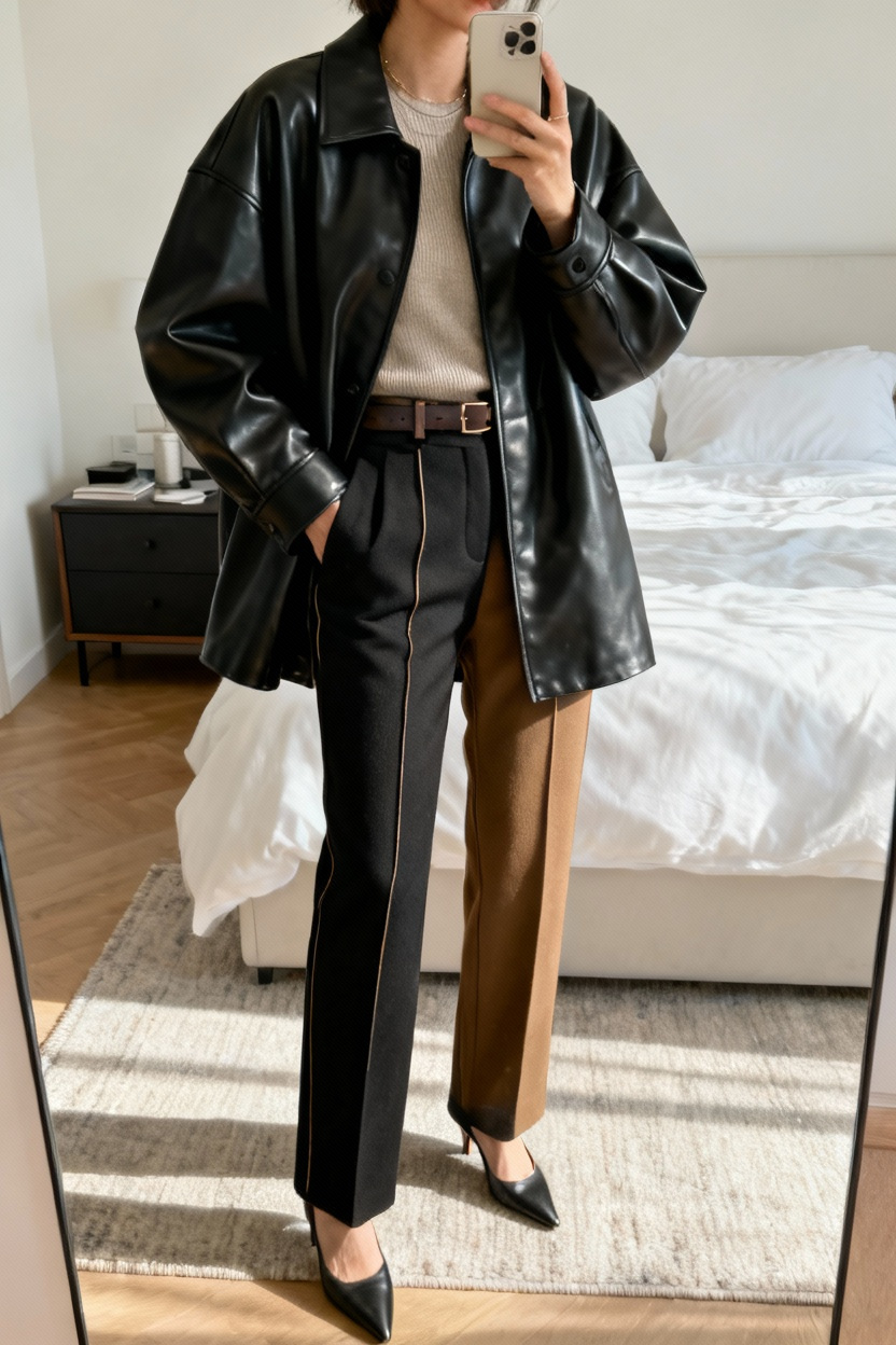 Oversized Leather Jacket And Tailored Trousers