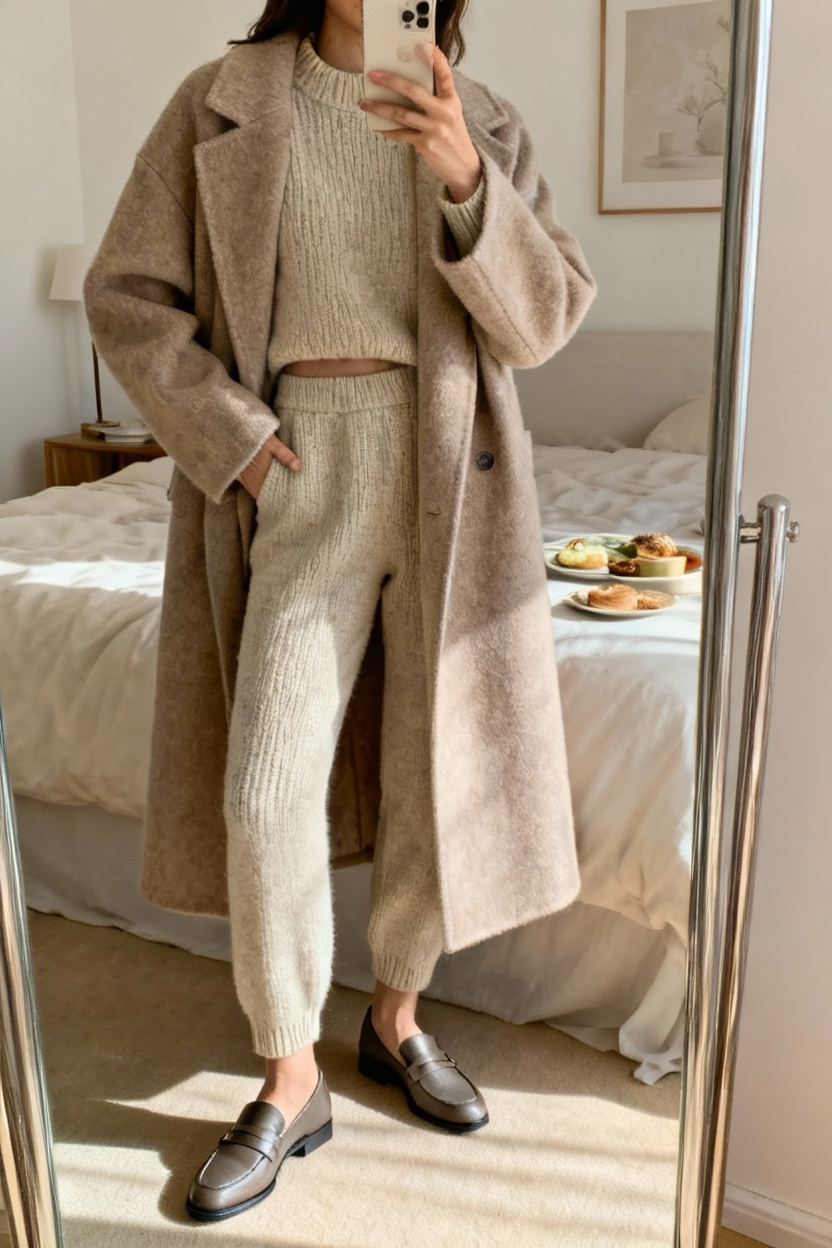 Knit Two-Piece Set + Long Wool Coat + Loafers