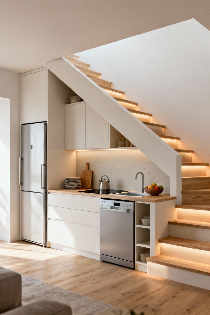 Cuisine sous escalier avec rangements intégrés