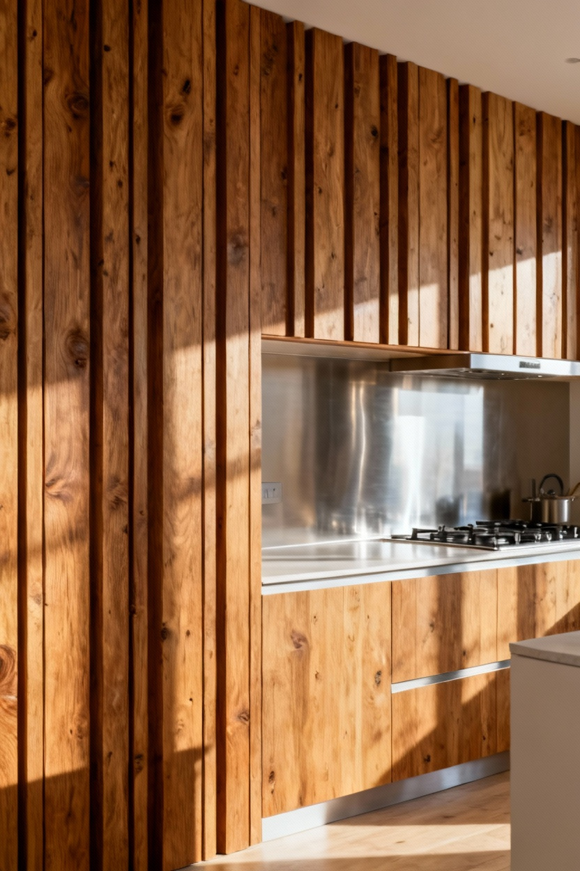 Installe une crédence en bois traité pour un aspect chaleureux
