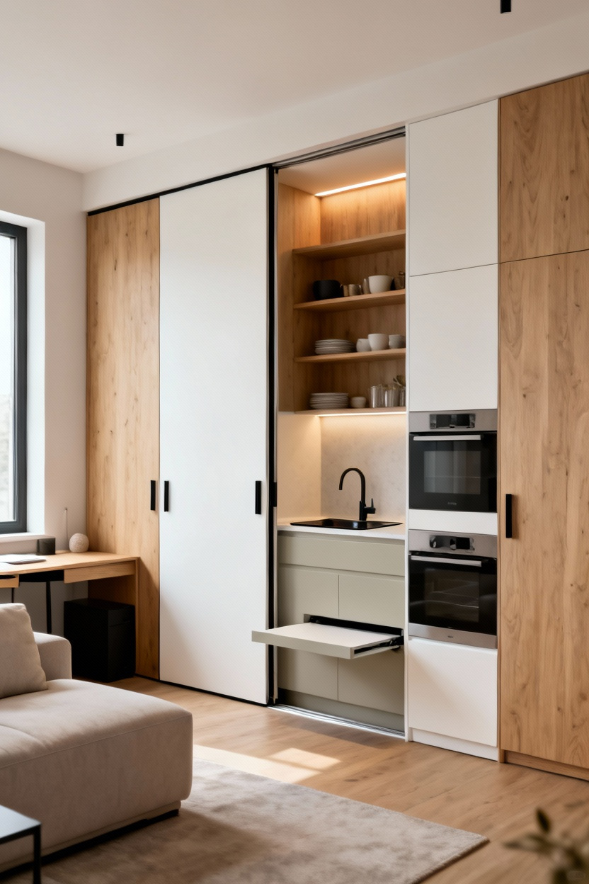 Kitchenette escamotable avec portes coulissantes