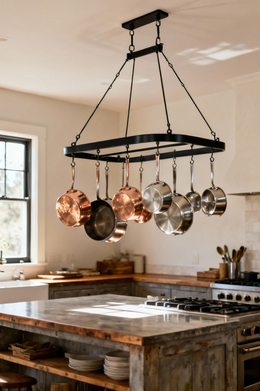 Suspendez un grand râtelier de casseroles au plafond pour libérer les placards