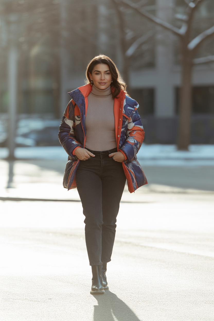 Layered Turtleneck and Puffer Jacket