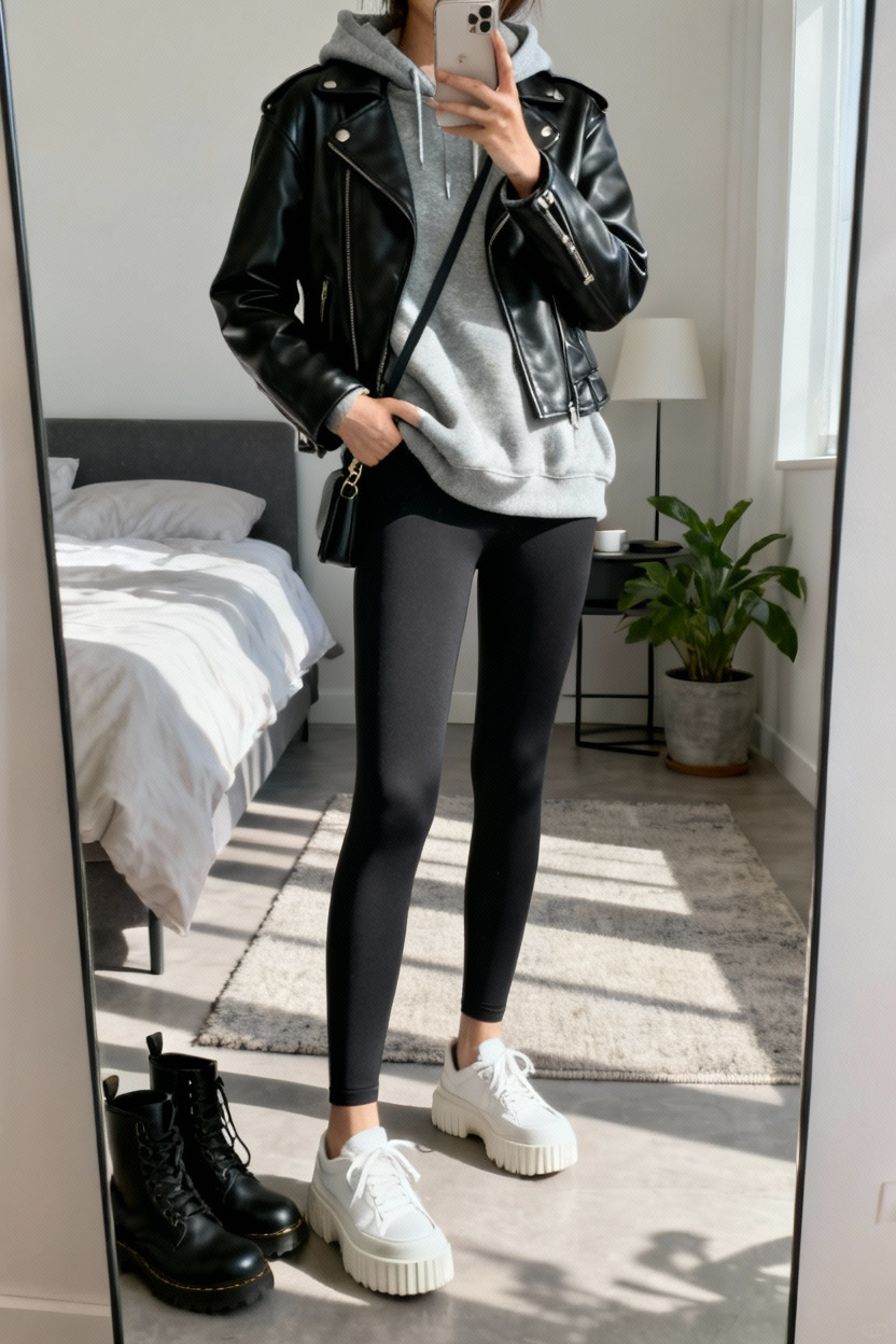 Leather Jacket with Hoodie and Leggings