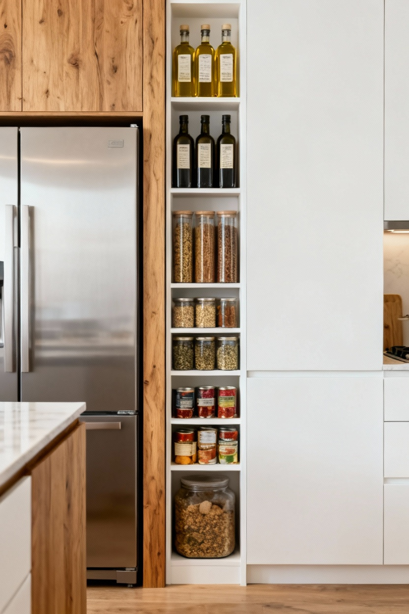 Glissez une colonne fine entre le frigo et le mur pour conserves et huiles